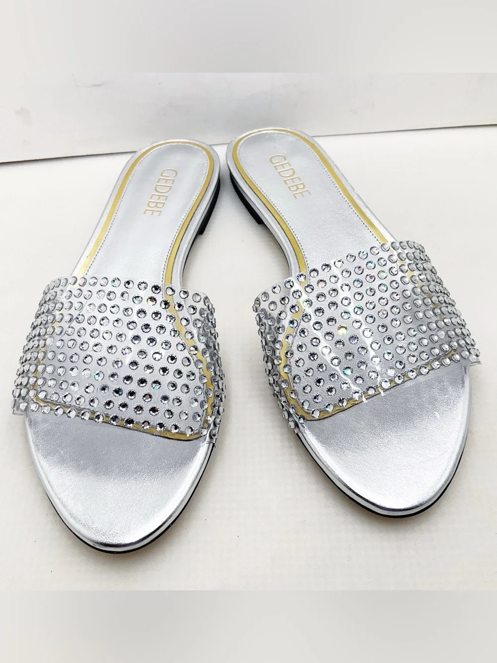 🆕{Gedebe} Metallic Leather Silver Crystal  Embellished Slides Sandals